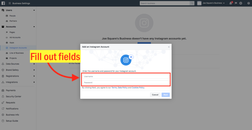 Assign an Instagram Account to an Facebook Ad Account Step 5 Screenshot