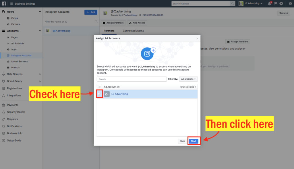 Assign an Instagram Account to an Facebook Ad Account Step 6 Screenshot