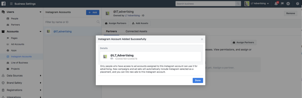 Assign an Instagram Account to an Facebook Ad Account Step 7 Screenshot